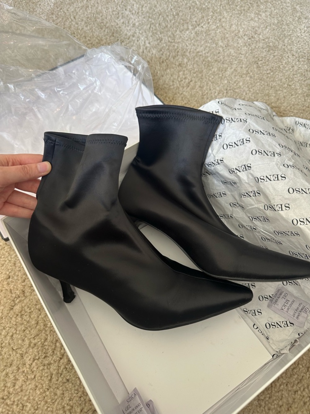 SENSO Black Stretch Sock Ankle Booties with Kitten Heel